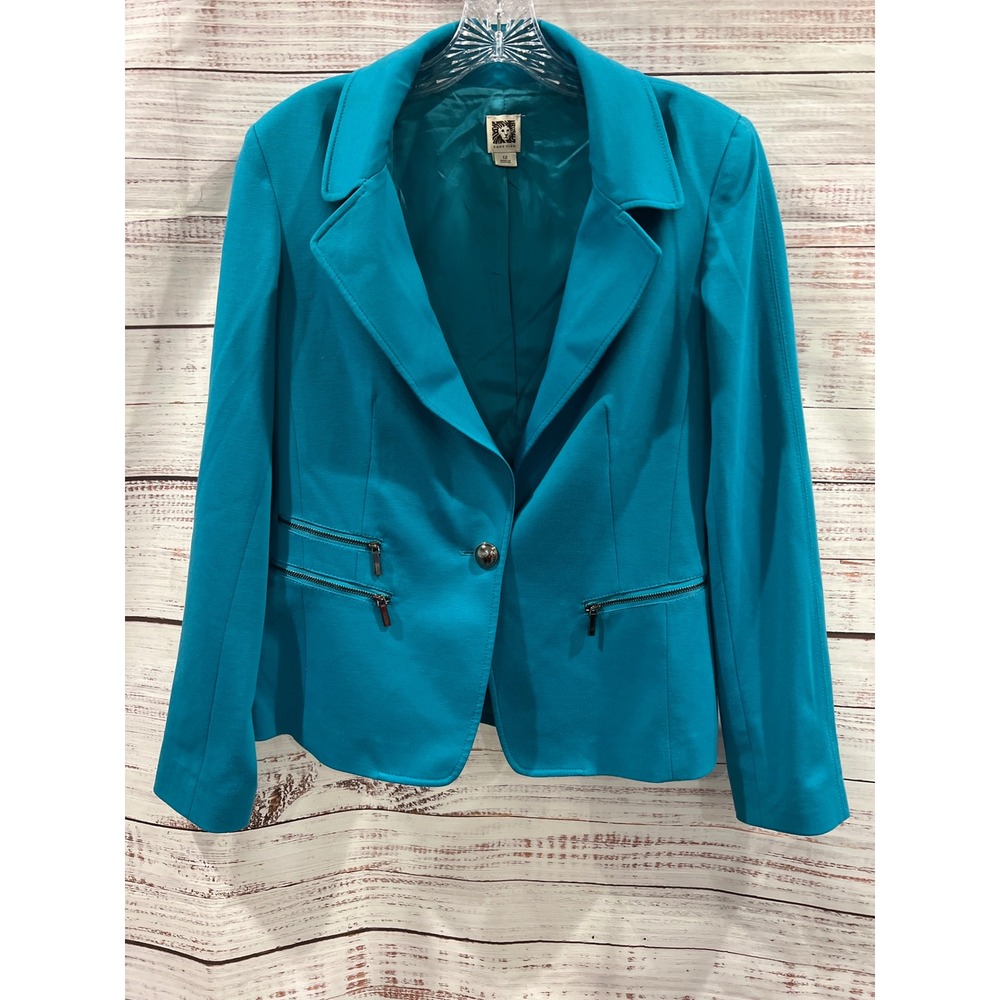 Anne Klein Teal Blue Single Button Zipper Pocket Blazer Jacket Womens 12